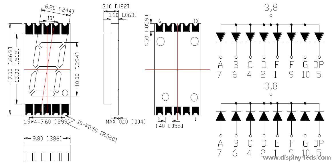 Affichage ultra mince de SMD du segment 3.1mm du segment 7 de 0,39 pouce à un seul chiffre