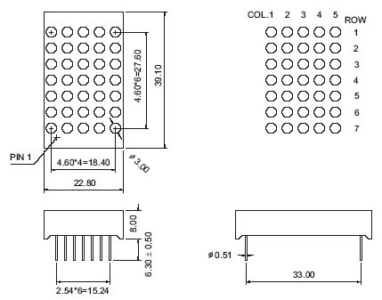 Matrice de points LED 5x7 de 1,2 pouces avec des espaces haut et bas